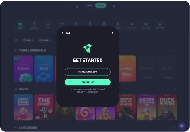 Thrill sign up form with email input