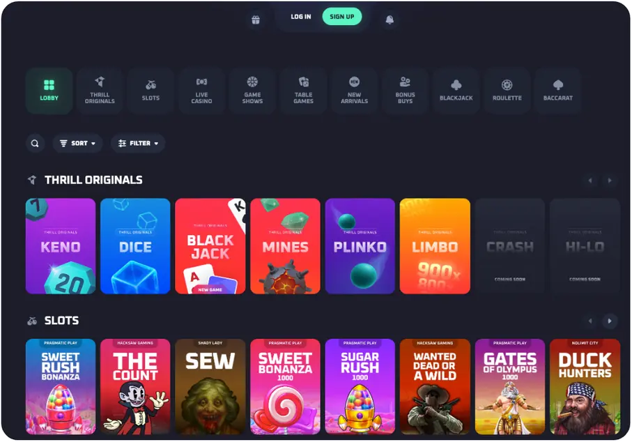 Thrill.com homepage showing sign up button